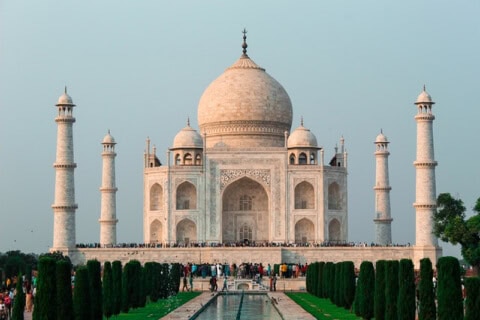 White marble Taj Mahal in India, iconic symbol of love, UNESCO World Heritage Site.